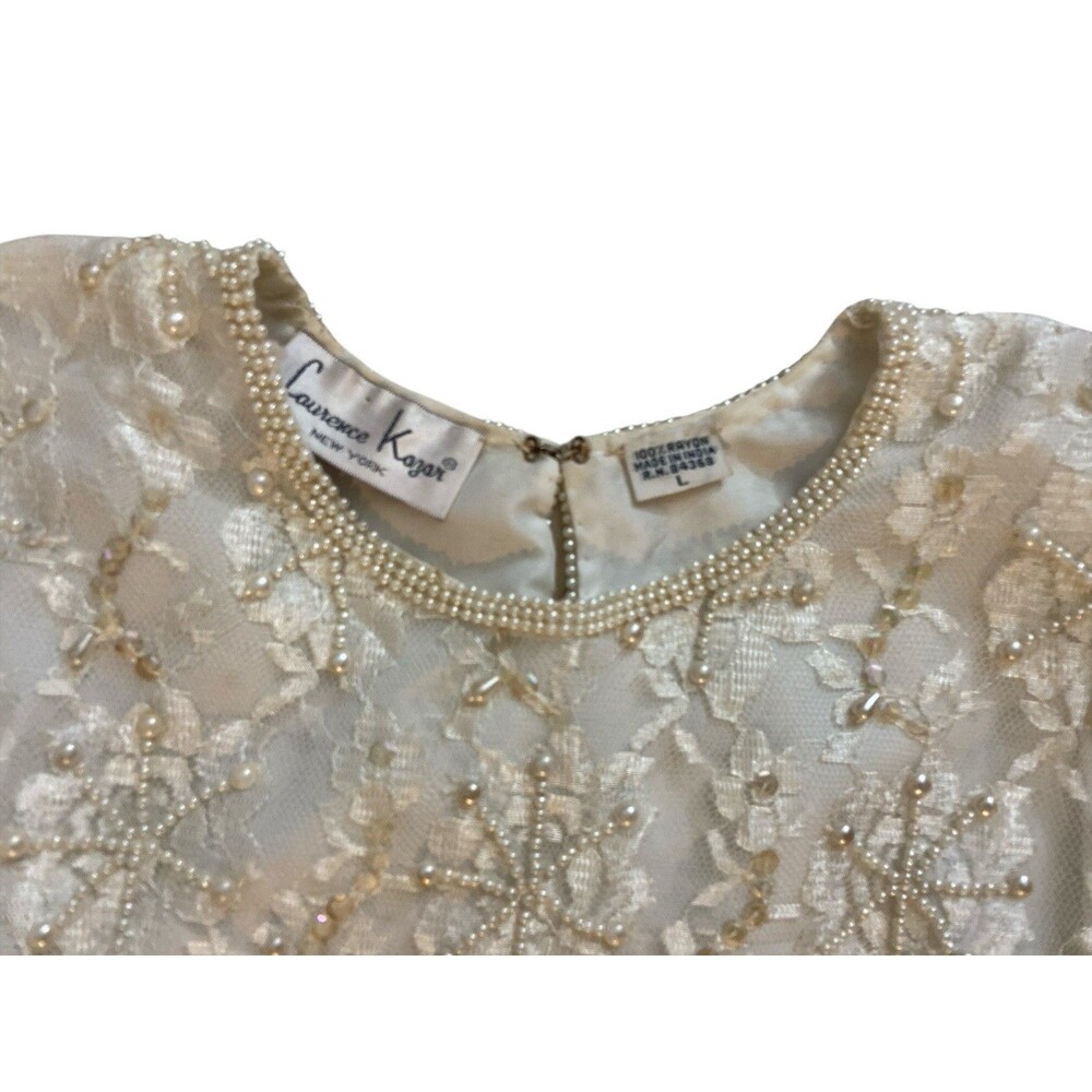 Vtg Laurence Kazar Ivory Blouse Women’s Beaded Lace Sequin Sz L Long‎ Sleeve - Picture 5 of 15